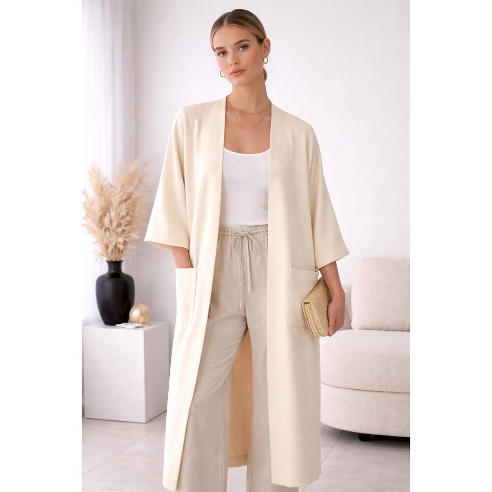 Vintage 100% Wool Duster Kimono Cream Open Front Quiet Luxury Minimalist L
